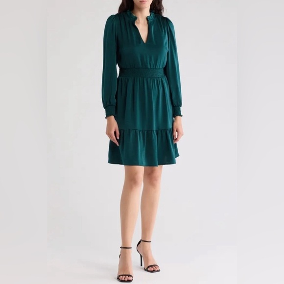 Lucky Brand V-Neck Long Sleeve Smocked Waist Dress - Picture 1 of 10